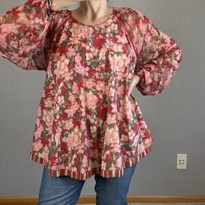 Nikasha Anthropologie Womens Christine Rose Swing Blouse Top Size L Pink Floral